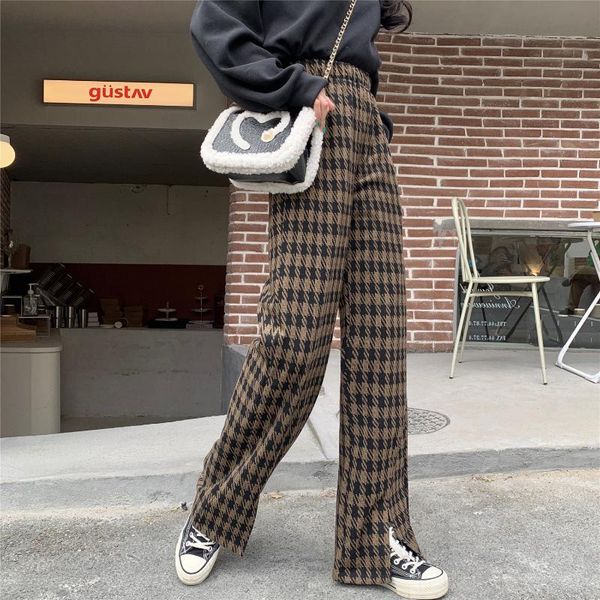 

women's pants & capris 2021 women winter elastic high waist houndstooth long wide leg straight split trousers pockets, Black;white
