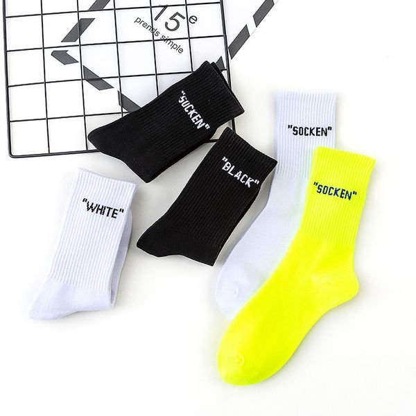 

men's socks street fashion cotton middle crew socken black whie ox 001 fluorescein lucifer neon yellow daily simple letter cute