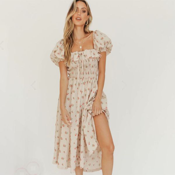 

new arrivals french style picnic midi women floral elastic shirred s ruffle puff sleeve chic boho dress 210413, Black;gray