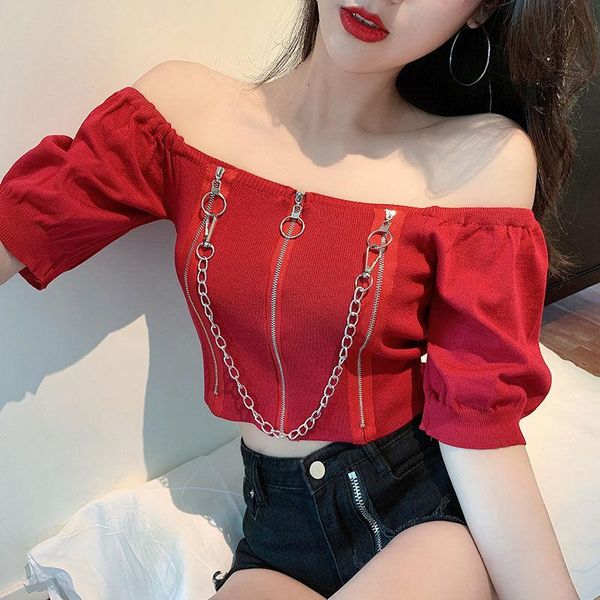 

off shoulder blouse women fashion zipper puff sleeve shirts chain slim fit stretch high street solid color women's blouses &, White