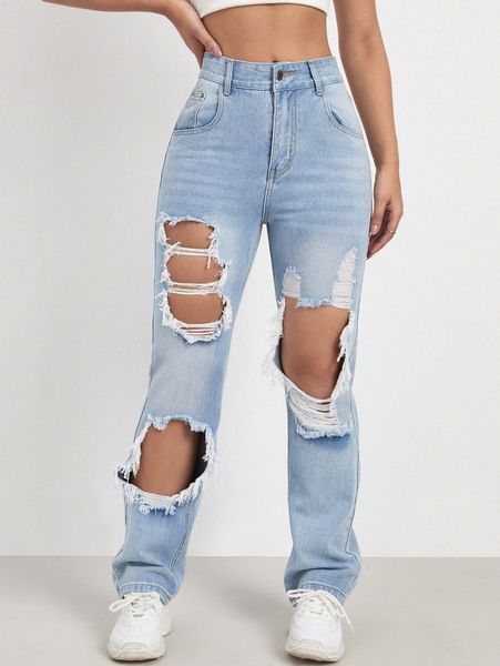 

light washed cat's whiskers ripped jeans o282#, Blue