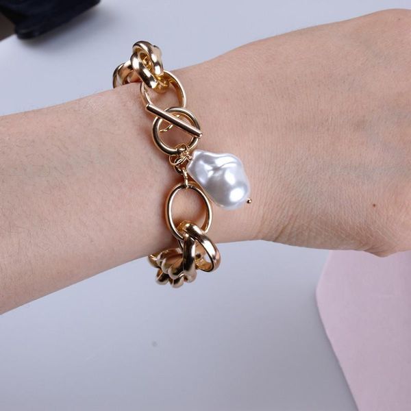 

link, chain gold color baroque irregular pearl bracelets bangle femme girls toggle clasp thick lock chains bracelet for women jewelry, Black