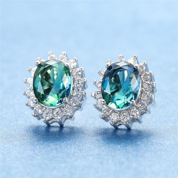 

big oval gradient stone flower stud earrings for women mystic jewelry female vintage fashion rainbow zircon minimalist, Golden;silver
