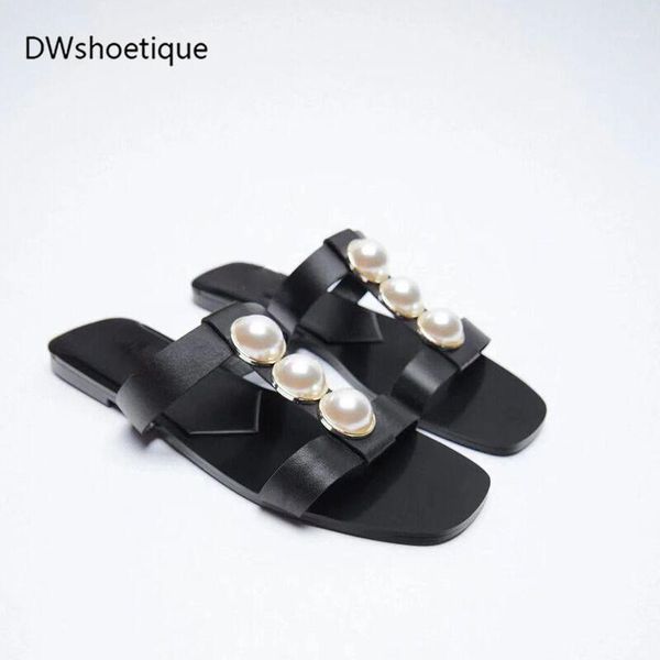 

slippers summer square toe women slides casual pearl flat1, Black