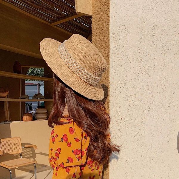 

fragrant pearl lafite straw for summer travel women's small fresh flat sunscreen sun hat, Blue;gray