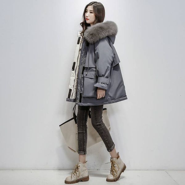 

Women's Down & Parkas Luzuzi Winter Women Real Natural Fur Collar Hooded Loose Coat Parka Female Thick Warm White Duck Oversize Jacket BBF8, Black