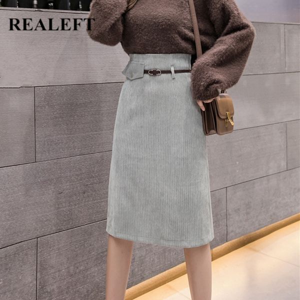

spring korean ol style elegant corduroy a-line midi skirts with belt high waist wrap pencil office lady 210428, Black