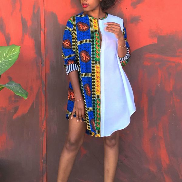 

women shirt dress print white patchwork loose half sleeve o neck mini african femal plus size casual street wear autumn fashion 210416, Black;gray