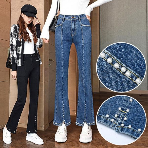 

women's jeans vintage pearl beaded skinny women clothing high waist straight slim flared pants fashion blue black denim