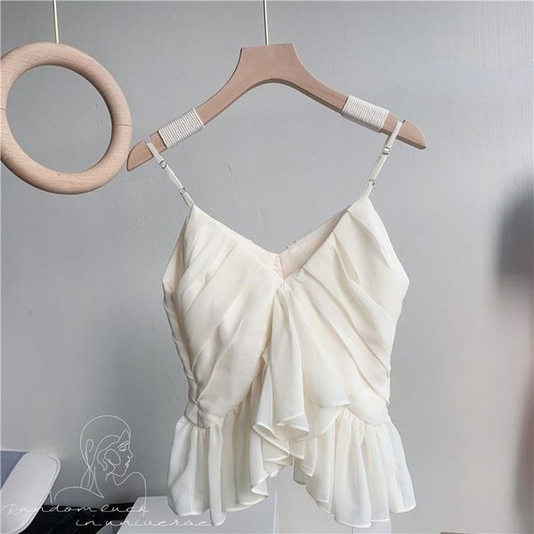 

women's tanks & camis ruffle sling outer wear vest waist solid color short for girl, White