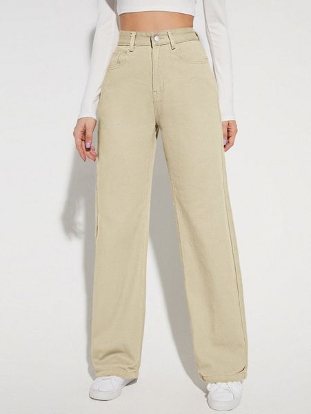 

solid high waist wide leg jeans 382p#, Blue