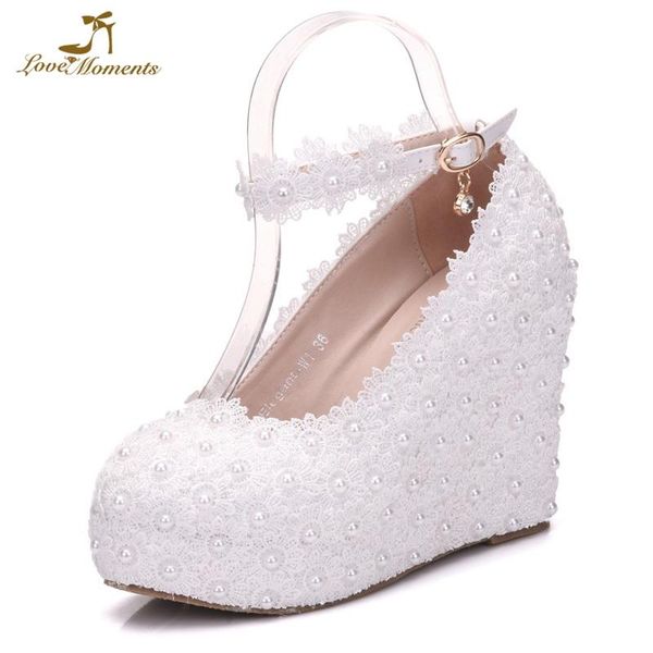 

dress shoes 2021 sweet white flower lace girl ceremony wedges heel wedding pumps platform pump bride high heels, Black