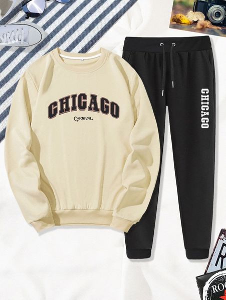 

men letter graphic sweatshirt & drawstring waist sweatpants 04kv#, Gray