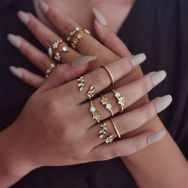 

cluster rings 13 pcs/set women set exquisite star butterfly flower leaf crystal knuckle gold ring fashion valentine's day gift jewelry, Golden;silver