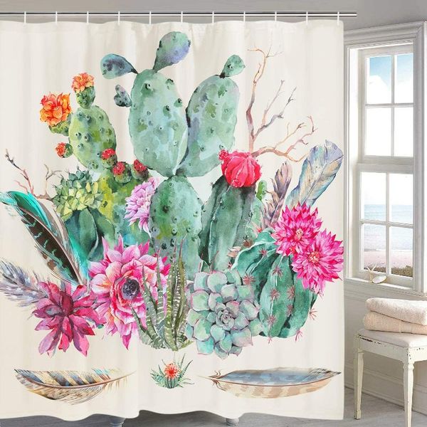 

shower curtains watercolor cactus flower in boho style with feathers bath curtain