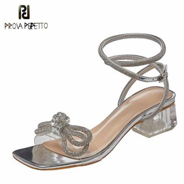 

prova perfetto classics rhinestone woman sandals 2021 summer square toe butterfly-knot crude heel soft plus size 34-43, Black