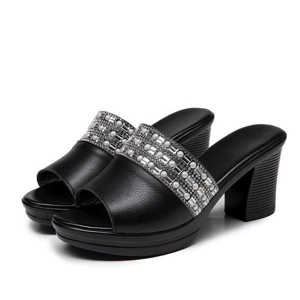 

women sandals 2021 fashion rhinestone ladies shoes high heels genuine leather summer, Black