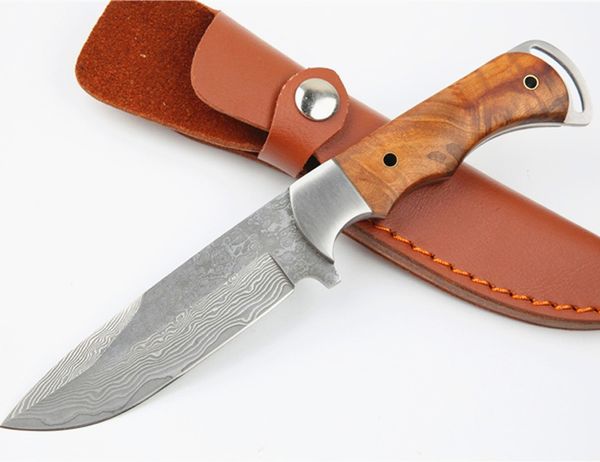 Neue Ankunft Outdoor Survival Gerade Jagdmesser Damaskus Stahl Drop Point Klinge Full Tang Schatten Holz Griff Feststehende Messer mit Lederscheide