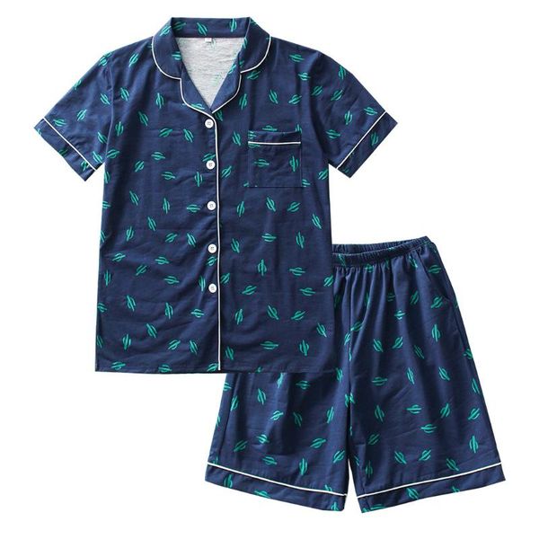

men's sleepwear cardigan breathable cotton pajamas summer short-sleeved shorts lapel cactus print home clothes loose suit pajama men, Black;brown