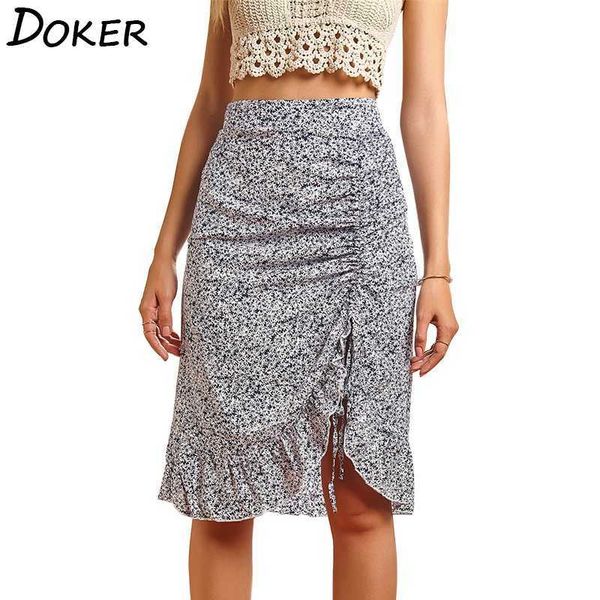 

floral print midi skirt women clothes fashion ruffles elegant a-line high waist s female casual summer boho faldas 210604, Black