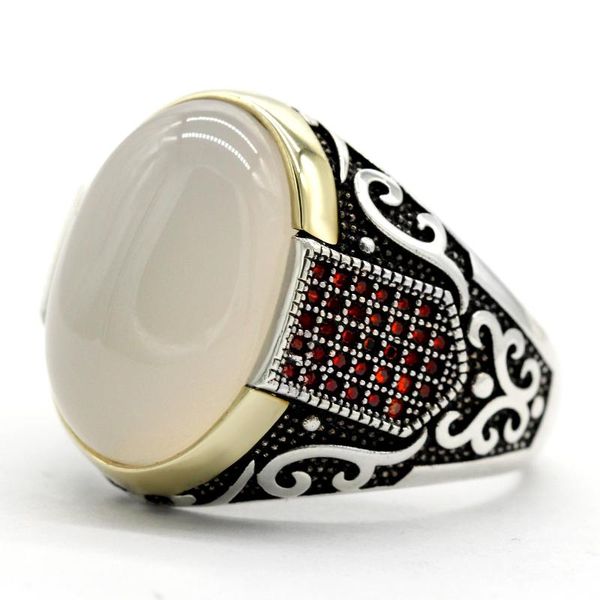 

cluster rings pure 925 sterling silver men ring with natural big white agate stone and red zircon punk rock male turkish jewelry gift, Golden;silver