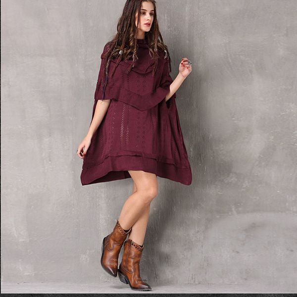 

johnature autumn fashion batwing sleeve hollow out knitted dress loose leisure solid color turtleneck women dresses 210521, Black;gray