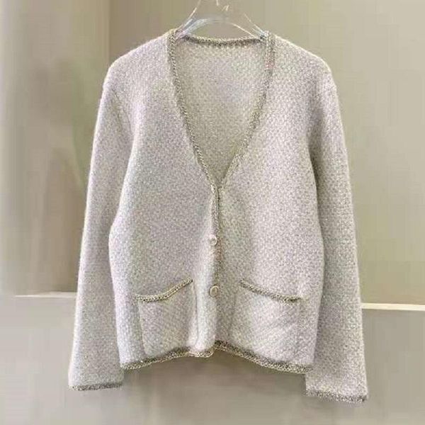 

women's wool & blends 2021 autumn fashion cardigan jacket women v-neck lurex yarn knitting long sleeve casual sweater cardigans, Black