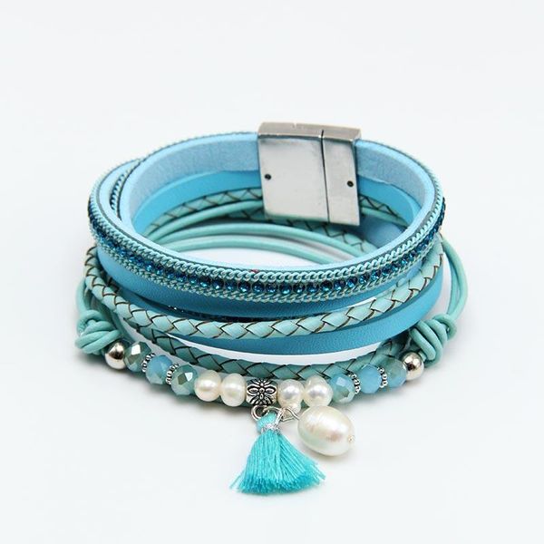 

charm bracelets european and american retro romantic su crystal freshwater pearl leather magnetic bracelet jewelry lady, Golden;silver