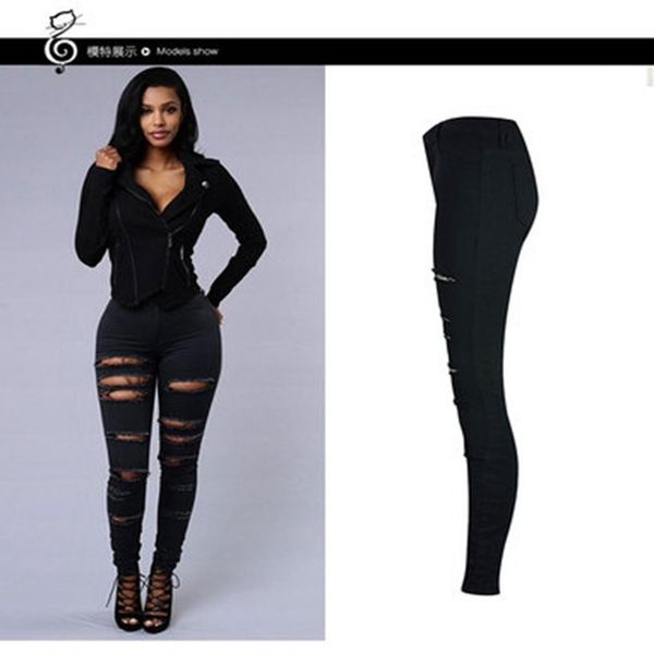 

fashion a pair of jeans with holes women's leggings pants, Blue