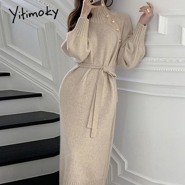 

casual dresses yitimoky turtleneck knit sweater dress women fall winter 2021 fashion button up long sleeve midi with belt black, Black;gray