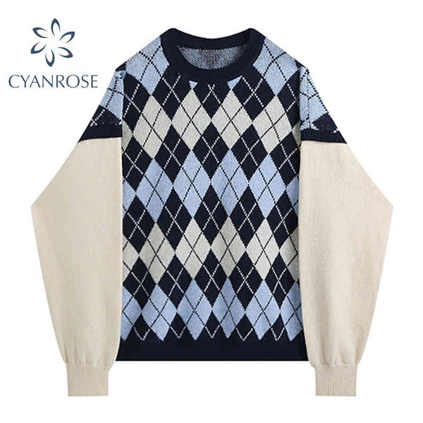 Argyle-Muster gespleißte Pullover Strickwaren und Pullover koreanische Vintage Langarm übergroße Frühling OL klassische gestrickte Tops 210417