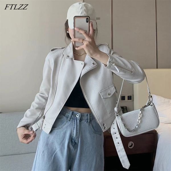 

spring solid color faux leather short jacket women autumn motorcycle jackets vintage pu coat with belt 210430, Black