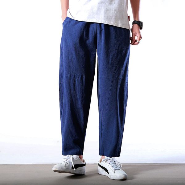

spring summer cotton and linen casual men's large size loose nine points pants chinese style japanese, Black