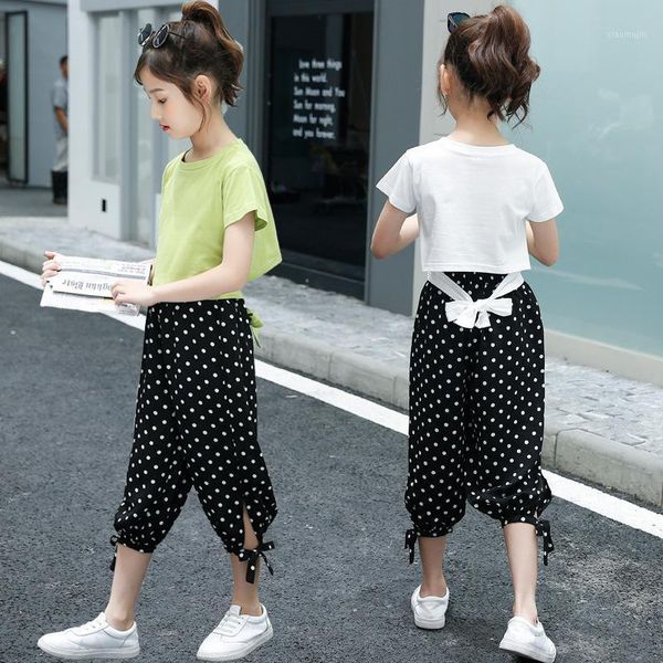

summer dot girls clothing sets short sleeve t-shirt+casual pants 2pcs teen clothes 8 10 12 14 year student, White