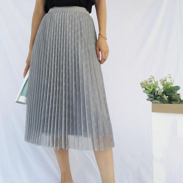 

skirts fashion women dot mesh pleated skirt elegant ladies elastic waist midi spring preppy style sweet high females, Black