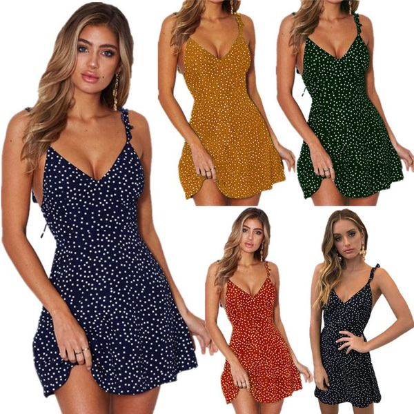 

summer women dress v neck a line high waist dot printing mini dresses vestidos back lacing straps backless xxxl casual, Black;gray