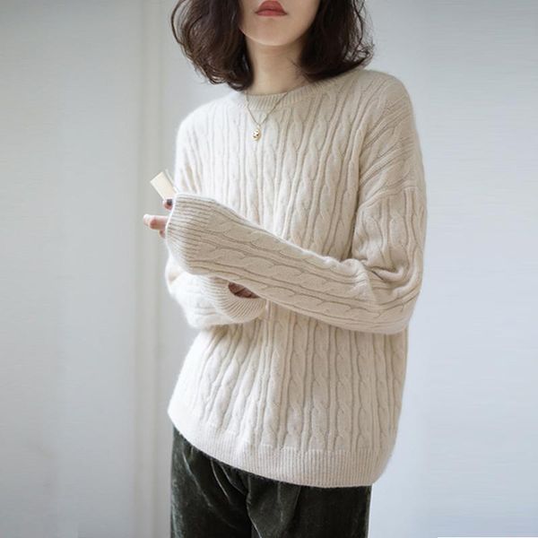 

women's sweaters 2021 cashmere sweater female head round collar short pine thickening twist pure color pullover knitting women to winte, White;black