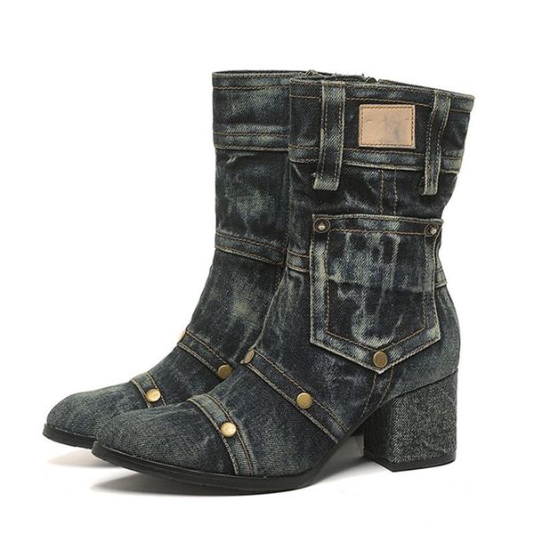 

boots pointed toe women ankle 6cm chunky high heel botas mujer ladies autumn denim rivets studded riding boot, Black