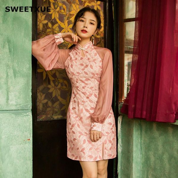 

casual dresses sweetxue autumn chiffon stitching lace long-sleeved cheongsam dress stylish and modern elegant party qipao, Black;gray