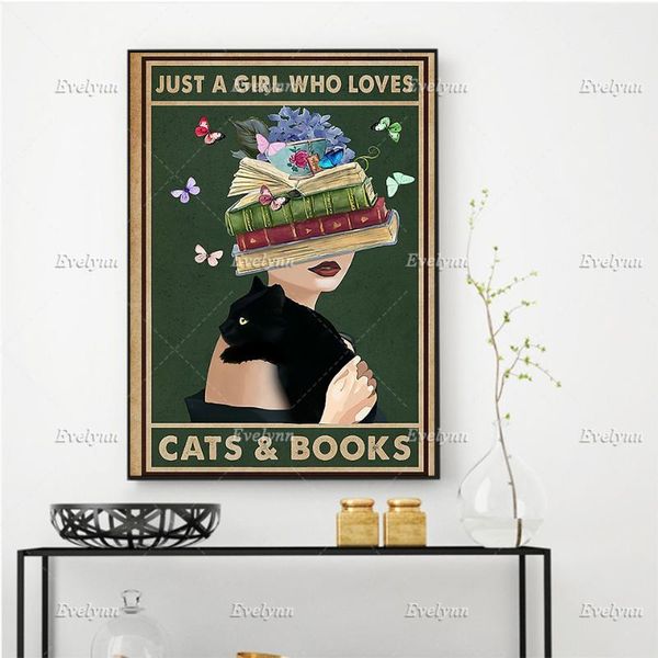 

paintings just a girl who loves cats and books poster, vintage book flower cat,wall art prints home decor canvas floating frame