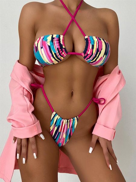 

women's swimwear 2021 summer fashion split swimsuit color striped halter bikini, White;black