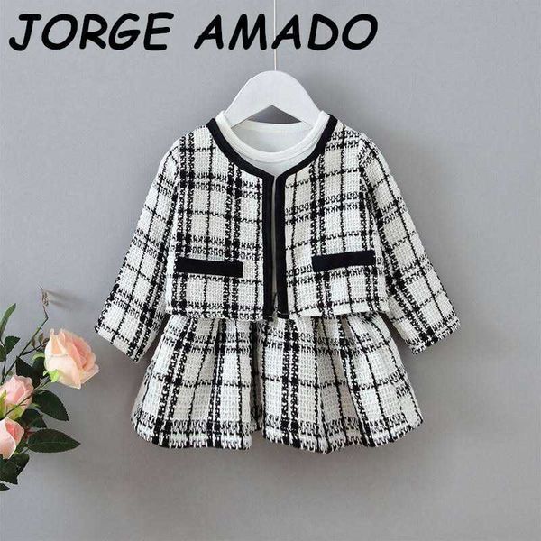 

toddler girl outfits autumn winter girls long sleeve dress+plaid coat 2pcs set clothes e2069 210610, White