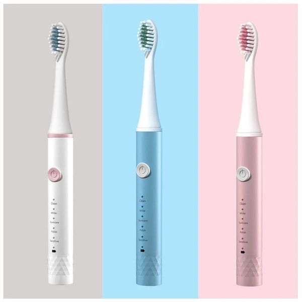 

usb rechargeable electric toothbrush timer brush ipx7 waterproof 5 mode adjustable tooth brushes with replacement heads - pink