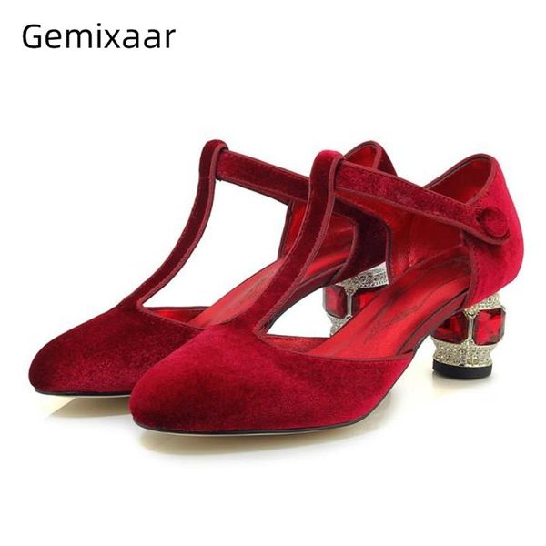 

dress shoes t-shape buckle women pumps chic diamond square heel round toe luxury velvet crystal party woman, Black