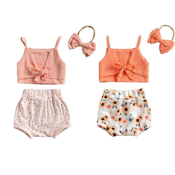 

summer lovely baby girls clothes sets 3pcs sleeveless vest flowers shorts bow headband clothing, White