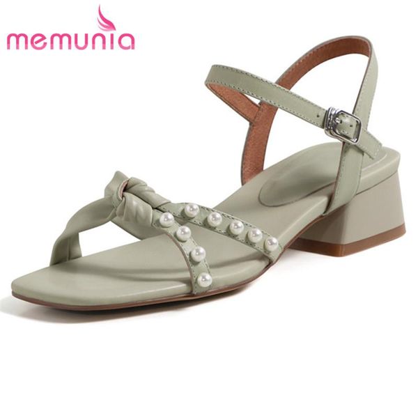 

sandals memunia 2021 vintage genuine leather women shoes pearl buckle low heel casual simple ladies summer, Black