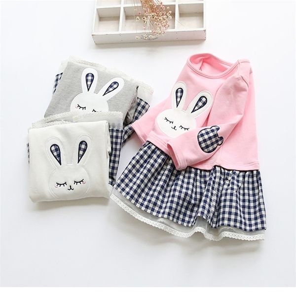 Mädchen 2021 Frühling Casual Stil Baby Mädchen Langarm Cartoon Stickerei Bunny Prinzessin Kleid für Kinder Kleidung 210317