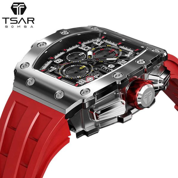 

tsar bomba mens watch brand luxury tonneau design 50m waterproof stainless steel wristwatch sport chronograph watch for men h1012, Slivery;brown