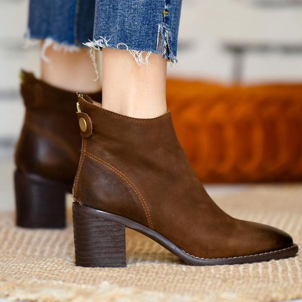 

boots women's genuine leather thick high heel ankle round toe gradient colot autumnwarm plush short booties metal buckle shoes, Black