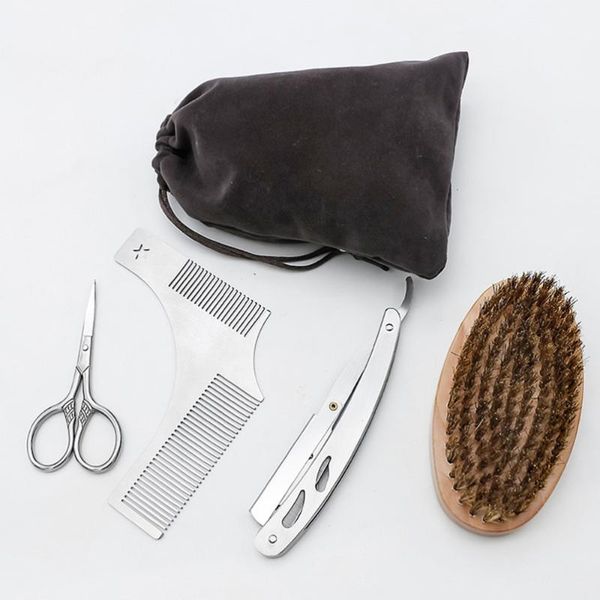 

hair scissors 4pcs beard trimming set stainless steel razor mustache comb and brush grooming kit (with cloth bag)